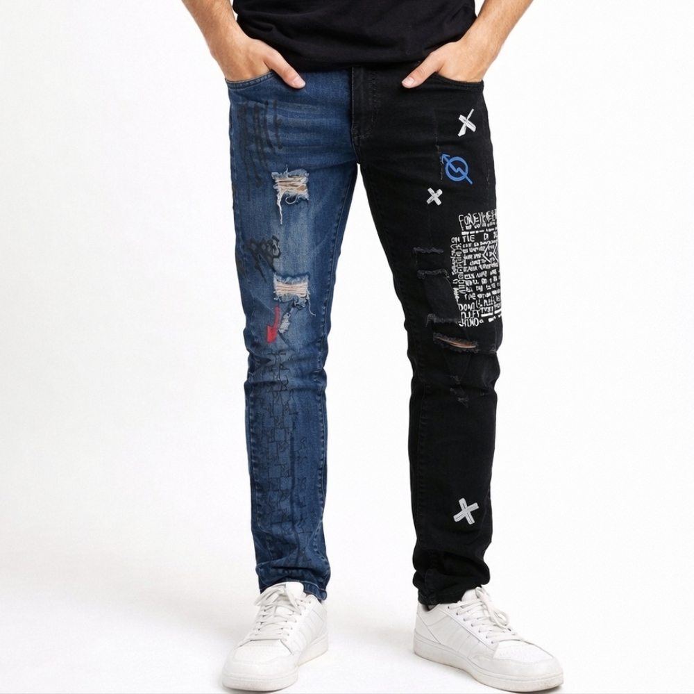 Sosoo Graphic Graffiti Distressed Colorblock Stretch Skinny Skater Jeans 34 Goth